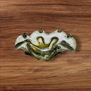 Vintage Free Form Art Glass Decorative Bowl or Ashtray Green/Yellow Heavy MCM